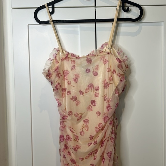 SBeteo Slip Lace Up Front Ruched Floral Mesh Mini Dress Women Size M - Picture 15 of 17